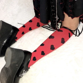 Streetwear Moterų Harajuku Punk Juoda Raudona Polka Dot / Meilė Širdies Plonas Medvilnės Ilgas Kojines Gothic Lolita Kelio Kojinių Didelio Kelio Kojinės