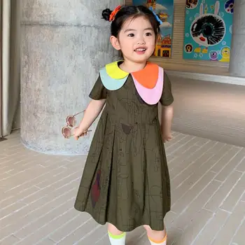 Vaikai dizaino medvilnės mados suknelė vasarai naujų trumpas rankovės Dvigubų atlapų suknelė baby girl mados suknelė bamblys šalis suknelė wz179