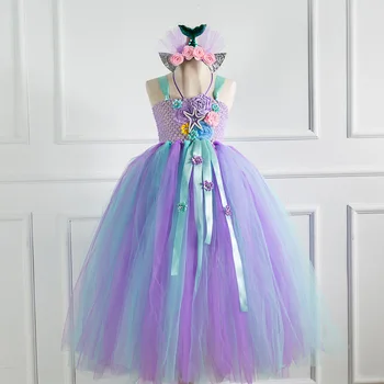 Vaikai Nėrimo Pastelinių Undinė Tiulio Tutu Suknelė su Plaukų Lankelis Nustatyti Mergaitės Mermaid Princesė Kostiumas Halloween Party Dress Up
