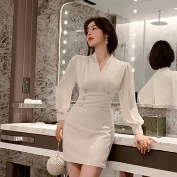 Vasaros Prašmatnus Elegantiškas Suknelė Moterims Dizaineris Mygtuką Šalis Mini Suknelė Moterų Office Lady Aukštis Juosmens korėjos vientisas Suknelė 2021 Naujas