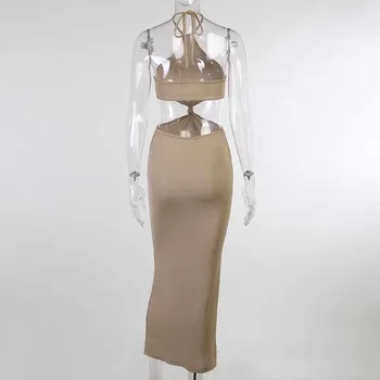 VGH Chaki Seksualus Backless Suknelė Moterims Apynasrio Rankovių Aukštos Juosmens Tuščiaviduriai Iš Maxi Suknelės Moterų 2021 M. Vasaros Mados Drabužiai.