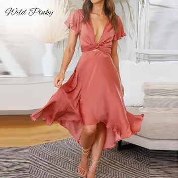 WildPinky Atsitiktinis vientisos Spalvos Giliai V-kaklo Vasaros Moterų Suknelė 2021 Elegantiškas Tuščiaviduriai Iš Biuro Ponios Suknelės trumpomis Rankovėmis Vestidos