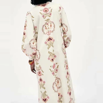 WXWT 2021 Moterų Mados Gėlių Spausdinti Suknelė ilgomis Rankovėmis V-Kaklo Ponios Prarasti Midi Suknelė Vestidos OZZ1103