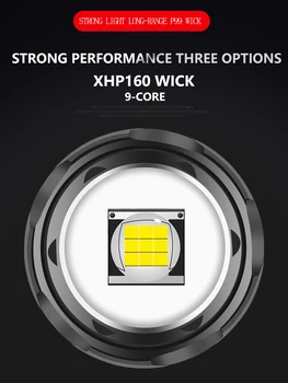 XHP160 Labiausiai Galingas Įkraunamas LED Žibintuvėlis Taktinis Žibintuvėlis 8000 Liumenų 5000MAH LED Blykstė Reguliuojamu Zoom Žibintas