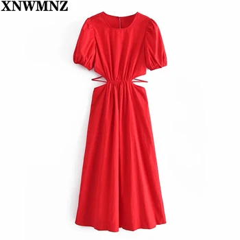 XNWMNZ 2021 Moterų Aprangos Mada Tuščiaviduriai Tvarstis Raudona Midi Suknelė Moteris Vasarą, Trumpas Sluoksniuotos Rankovėmis Elegantiškas Šalis Ilgos Suknelės Skraiste