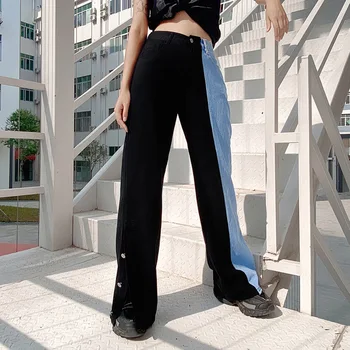 Yangelo Harajuku Mergina Black & Džinsinio Audinio Kelnės Moterims Susiuvimo Prarasti Aukšto Juosmens Tiesūs Džinsai Moteris Rudens-Žiemos Streetwear Unisex