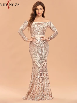 YIDINGZS trumpomis Rankovėmis, Tamsiai Mėlynos China Vakaro Suknelė Elegantiškas Off Peties Šalies Maxi Suknelė 2021 Naujas