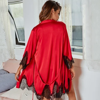 Giliai V Moterų Satino Chalatas Kimono Sexy Nėrinių Sleepwear Skraiste Moterų Namų Drabužių Kratinys Trumpas Megztinis Tvarstis Naktį Suknelė