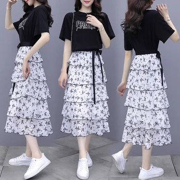 Korėjos Moterys trumpomis rankovėmis Marškinėliai prarasti sluoksnių šifono suknelė, Sijonai, Kostiumai Mados juostos Sijonas Rinkiniai Moteris, Dviejų dalių Komplektas