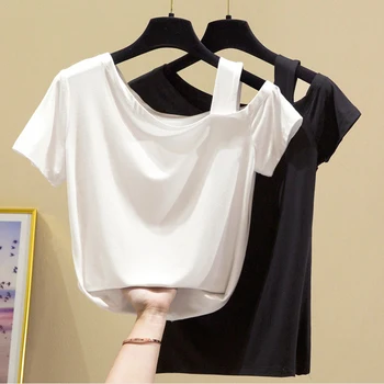 Modalinio Ir Medvilnės Marškinėliai Moterims Trumpomis Rankovėmis 2021 M. Vasarą Korėjos Slim Off Peties Moteris Tshirts Plius Dydis Drabužių Atsitiktinis Marškinėliai