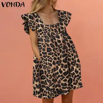 Moterų Derliaus Leopardas Spausdinti Sundress Rankovių Vasaros Suknelė 2021 VONDA Atsitiktinis Plisuotos Vestido Kvadratinių Kaklo Šalies Marškinėliai Suknelė