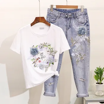 Moterų kostiumas moterims vasaros siuvinėjimo trimatis gėlių, paukščių, gėlių trumpomis rankovėmis T-shirt + suplėšyti devynių taškų džinsai