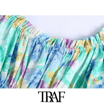 TRAF Moterų Mados Gėlių Spausdinti Susiėmę Apkarpytos Palaidinės Derliaus Sluoksniuotos Rankovėmis Elastinga Hem Moterų Marškiniai Blusas Prašmatnus Viršūnės