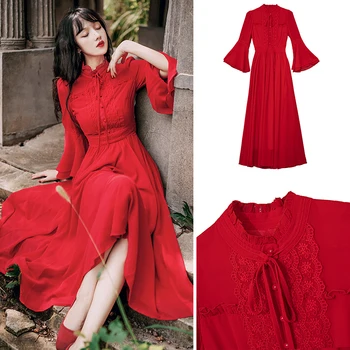 Women Red Chiffon Dress Vintage Lace Flare Sleeve Long Maxi Dresses For Large Size Lady Date Birthday Party Night Robe Vestidos
