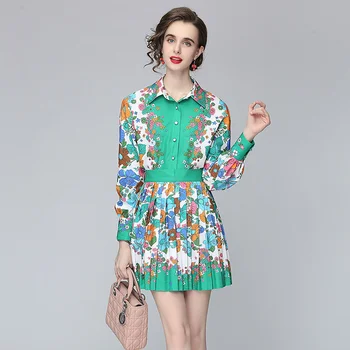 Europos ir Amerikos stiliaus pavasarį ir vasarą 2021 moterų naują stilių atspausdinta marškinėliai + aukštos juosmens klostuotas sijonas mados kostiumas
