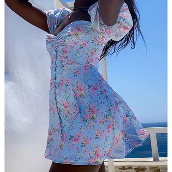 Gėlių Spausdinti Mini Suknelė Moterims 2021 M. Vasaros Atostogų Metu Paplūdimyje Sundress Trumpas Rankovės Atsitiktinis Seksualus Off Peties Elegantiškas Šalis Suknelė