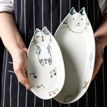 Japonų keramikos vakarienė plokštės Keramikos katė stalo Mielas valgomieji vaisiai, desertas plokštės kūrybos Animacinių filmų Vertus Spalvos katė