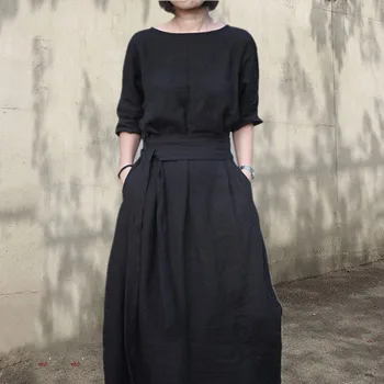 Korėjos Stiliaus Elegantiškas Maxi Suknelė 2020 M. Rudenį, Vasarą Minimalistinio Kieta Moteris Juodos Suknelės Medvilnės Skalbiniai A-Line Vestido Atsitiktinis Mergina