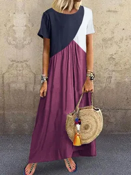 Moterų Bohemijos Geometrinis Susiuvimo Kratinys Kontrastas Suknelė, Trumpas rankovėmis Suknelės Boho Didelio Dydžio Atsitiktinis Ilgas, Maxi Paplūdimio Suknelė