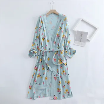 Pavasario Medvilnės Pliurpalas Kimono Chalatas Ilgomis Rankovėmis Megzti Skraiste Housewear Moterų Miego Viršūnes Plius Dydis Miego Dėvėti Padažu Suknelė