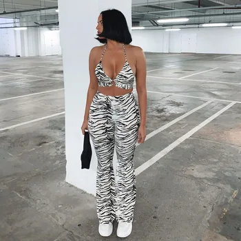 Platus Kojų Kelnės Kelnės Komplektas Zebras Dryžuotas Spausdinti Nėriniai-Up Viršūnes Dirželis Vasaros 2021 Atsitiktinis Sexy Moterys, 2-Jų Dalių Kostiumą Mados Drabužiai