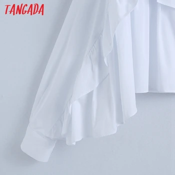 Tangada Moterų Raukiniai, Baltos spalvos Marškinėliai ilgomis Rankovėmis Pasukite Žemyn Apykaklės Elegantiškas Ponios Apkarpyti Viršūnes 6Z73