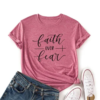 Tikėjimas Per Baimę Krikščionių T-Shirt Religijos Drabužiai Moterims Tikėjimo Shirt Grafikos Bebaimis Šūkis Derliaus Viršūnes Mergina Tees