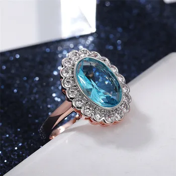 WUKALO 925 Sidabro Kubinis Cirkonis Moterų Vestuves Piršto Žiedai, Dangus Mėlynas Akmuo Saulėgrąžų Dizainas Moters Pareiškimas, Žiedai