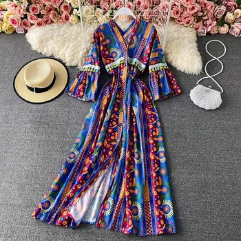2021 Vasaros Naują Stilių Pajūrio Atostogų Paplūdimyje Kelionės Prarasti V-kaklo, Vestidos Moterų Yunnan Bohemijos Etninės Midi Suknelė GK150