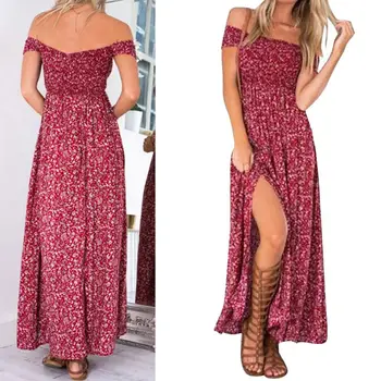 Atsitiktinis Bohemijos Maxi Suknelė Moterims Vasaros Suknelė 2021 Raudona Gėlių Boho Suknelės Off Peties Ilgai Vestidos Panele Seksuali Sundress Moteris