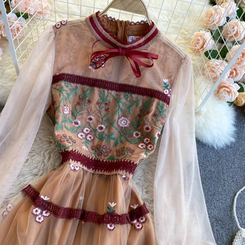 FMFSSOM 2021 m. Pavasarį Moterys Elegantiškas Nėrinių Siuvinėjimo Kratinys Suknelė Vintage Ponios Stovėti Apykaklės Gėlių Spausdinti Panele Ilga Suknelė