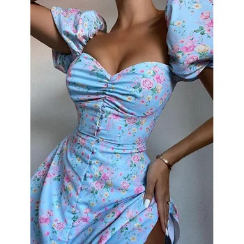 Gėlių Spausdinti Mini Suknelė Moterims 2021 M. Vasaros Atostogų Metu Paplūdimyje Sundress Trumpas Rankovės Atsitiktinis Seksualus Off Peties Elegantiškas Šalis Suknelė