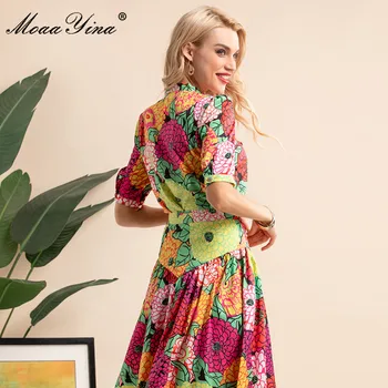 MoaaYina Mados Dizaineris Vasaros Aukšto juosmens Midi Sijonas Rinkiniai Moterų trumpomis rankovėmis Gėlių spausdinti Marškinėliai ir Sijonai Dviejų dalių Kostiumas