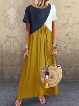 Moterų Bohemijos Geometrinis Susiuvimo Kratinys Kontrastas Suknelė, Trumpas rankovėmis Suknelės Boho Didelio Dydžio Atsitiktinis Ilgas, Maxi Paplūdimio Suknelė