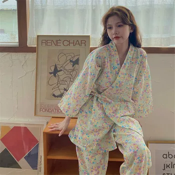 Senovinių Gėlių Pyjama Kimono Moterys Vasarą, Pavasarį Kambarys Dėvėti Japonijos Kawaii Pižama Femme Prarasti Atsitiktinis Pijama 2vnt Rinkiniai Sleepwear