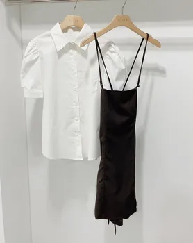 2021 Vasaros Moterų Suknelė Rinkiniai Korėja Balta Sluoksniuotos Rankovėmis Pasukite Žemyn Apykaklės Palaidinė Ir Seksualus Backless Diržas Mini Suknelė Tinka Vestidos