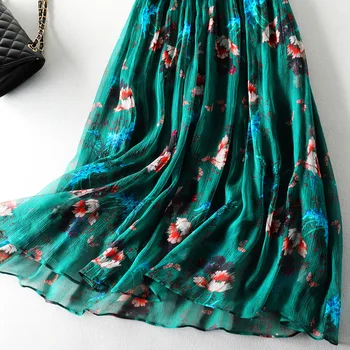 2021 Vasaros Moterų Šilko Smaragdas Gėlių Elegantiškas Šilko Dviejų dalių Suknelė