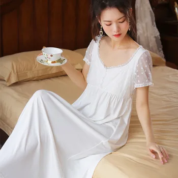 Baltos Spalvos Nėrinių Miego Dėvėti Naktį Suknelė Moterims Medvilnės Pasakų Sleepwear Princesė Peignoir Derliaus Viktorijos Pižamą Romantiška Loungewear