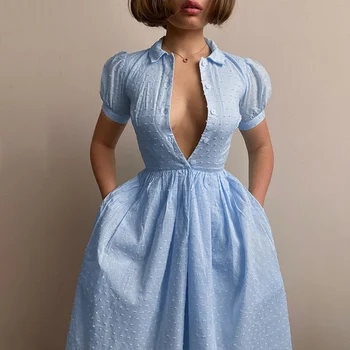InstaHot Vintage Suknelė 2021 M. Vasarą Sluoksniuotos Rankovėmis Mygtuką Dangus Mėlynas Saldus Plisuotos Moterų Midi Suknelė Atsitiktinis Šalies Linų Linijos Suknelės