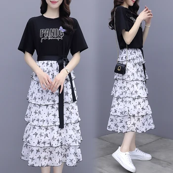 Korėjos Moterys trumpomis rankovėmis Marškinėliai prarasti sluoksnių šifono suknelė, Sijonai, Kostiumai Mados juostos Sijonas Rinkiniai Moteris, Dviejų dalių Komplektas