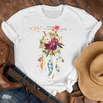 Moterų Lady Gėlių Dreamcatcher Mielas Vasaros Mados Rudenį Marškinėliai, Drabužiai Marškinėlius Tee Moterų Top Moterų Print T Grafinis T-shirt