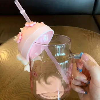 Naujas milteliai cherry blossom rožinė Mason stiklo šiaudų taurės lankas katė žiedlapis mergina puodelio vandens