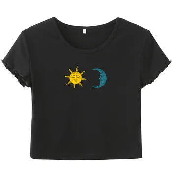Nauji Marškinėliai Topai Moterų Mados Sun Moon Spausdinti Bamba marškinėliai trumpomis Rankovėmis Apvalios Kaklo Korsetas Viršų
