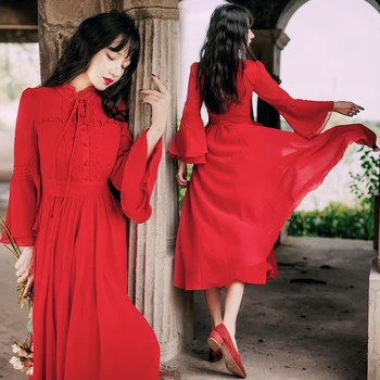 Women Red Chiffon Dress Vintage Lace Flare Sleeve Long Maxi Dresses For Large Size Lady Date Birthday Party Night Robe Vestidos
