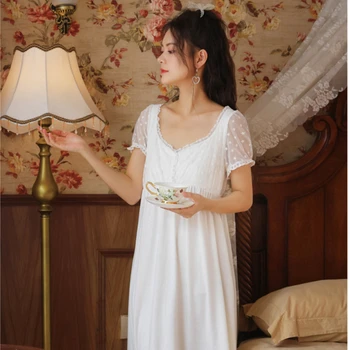 Baltos Spalvos Nėrinių Miego Dėvėti Naktį Suknelė Moterims Medvilnės Pasakų Sleepwear Princesė Peignoir Derliaus Viktorijos Pižamą Romantiška Loungewear