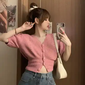 Korėjos Versija, 2021 M. Vasarą Naujas Mados Megzti Marškinėliai Moterims Tinka Dizaino Moterų V-Kaklo trumparankoviai Temperamentas Atsitiktinis Slim Viršūnės