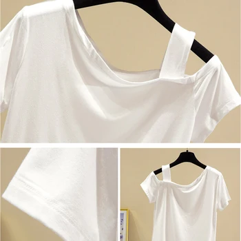 Modalinio Ir Medvilnės Marškinėliai Moterims Trumpomis Rankovėmis 2021 M. Vasarą Korėjos Slim Off Peties Moteris Tshirts Plius Dydis Drabužių Atsitiktinis Marškinėliai