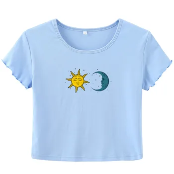 Nauji Marškinėliai Topai Moterų Mados Sun Moon Spausdinti Bamba marškinėliai trumpomis Rankovėmis Apvalios Kaklo Korsetas Viršų