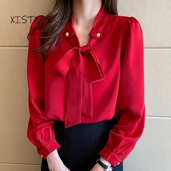Raudono Šifono Marškinėliai Moterims Peteliškę Palaidinės Atsitiktinis Moterų Šifono Viršūnes Office Lady Darbo Dėvėti Drabužiai, 2021 Femme Blusas Elegantiškas 2021