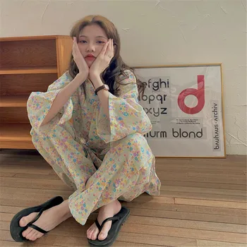 Senovinių Gėlių Pyjama Kimono Moterys Vasarą, Pavasarį Kambarys Dėvėti Japonijos Kawaii Pižama Femme Prarasti Atsitiktinis Pijama 2vnt Rinkiniai Sleepwear